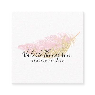 Gold glitter blush pink feather modern elegant square