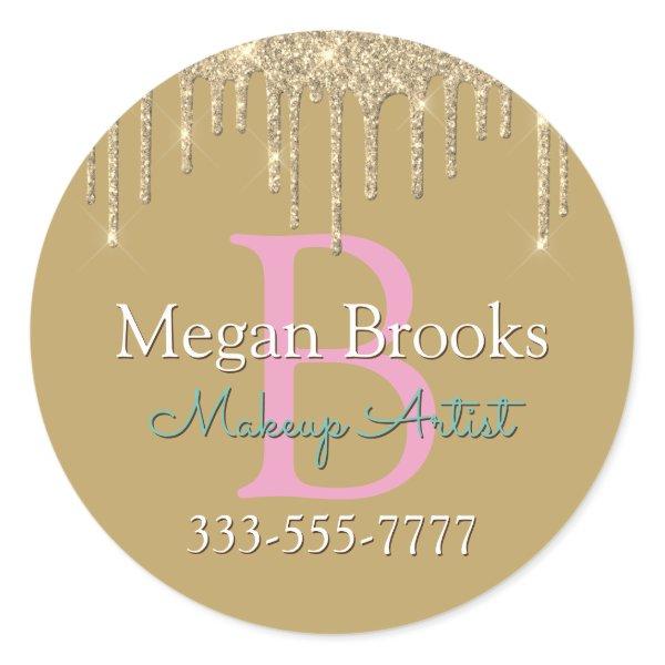 Gold Glitter Drips DIY Name Monogram Business Pink Classic Round Sticker