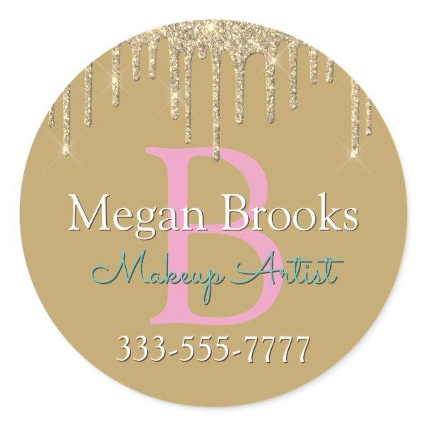 Gold Glitter Drips DIY Name Monogram Business Pink Classic Round Sticker