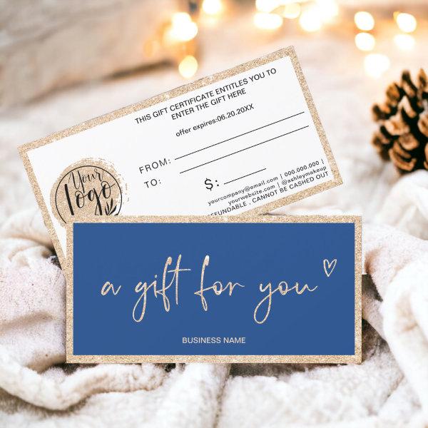 Gold glitter heart blue logo gift certificate