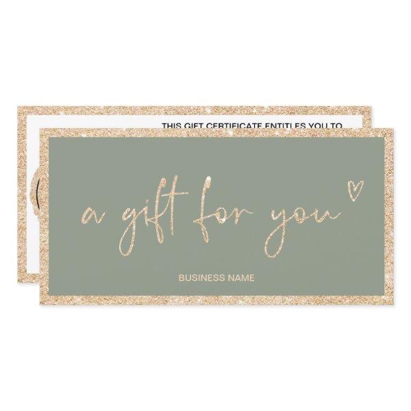 Gold glitter sage green logo gift certificate