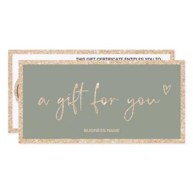 Gold glitter sage green logo gift certificate
