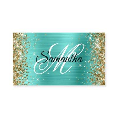 Gold Glitter Turquoise Foil Fancy Monogram