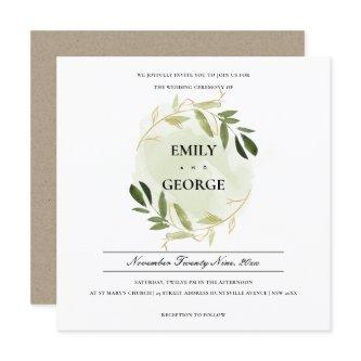 GOLD GREEN FOLIAGE WATERCOLOR WASH WREATH WEDDING INVITATION