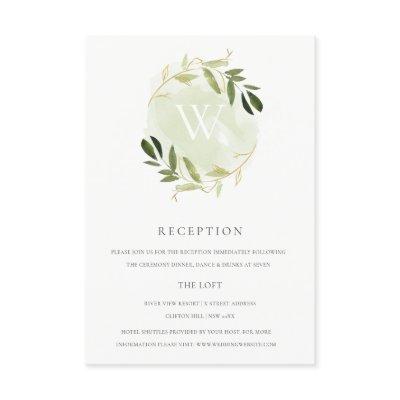 GOLD GREEN FOLIAGE WATERCOLOR WREATH RECEPTION ENCLOSURE CARD