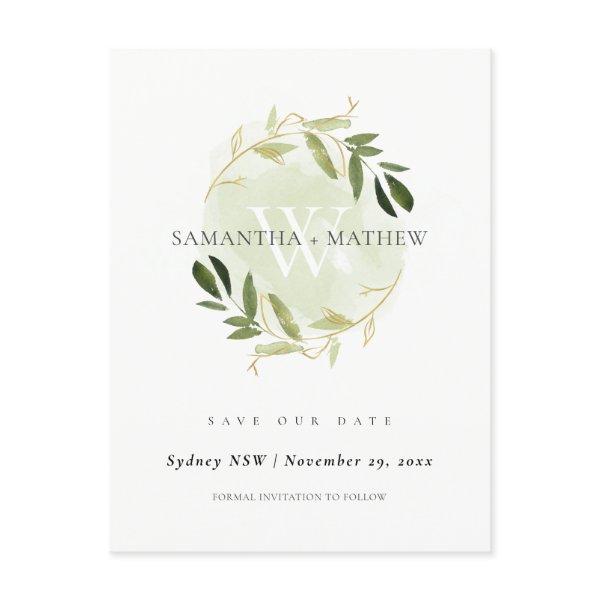 GOLD GREEN FOLIAGE WATERCOLOR WREATH SAVE THE DATE ANNOUNCEMENT POSTCARD