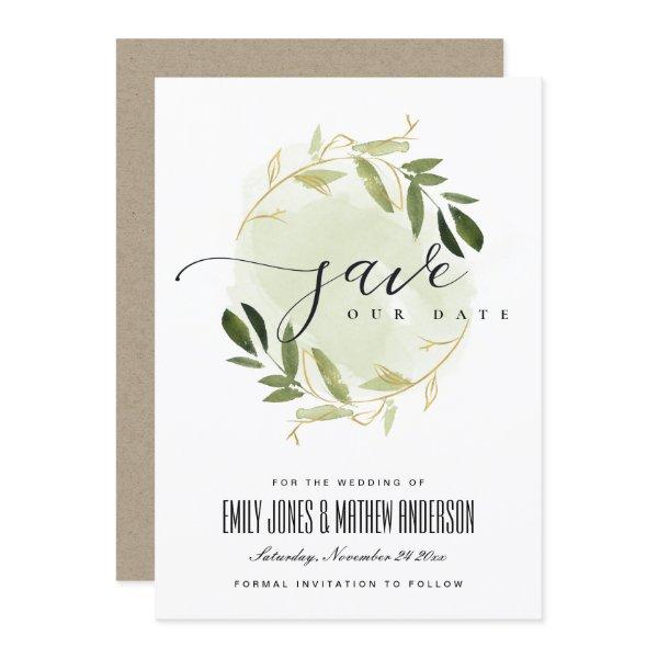 GOLD GREEN FOLIAGE WATERCOLOR WREATH SAVE THE DATE INVITATION