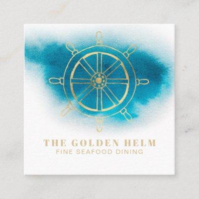 *~* Gold Helm Fine Dining Sea White Teal Blue Square