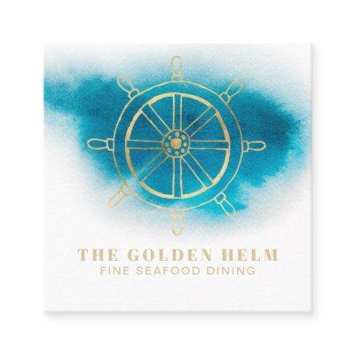 *~* Gold Helm Fine Dining Sea White Teal Blue Square