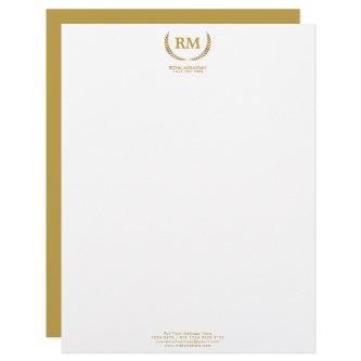 Gold Laurel Leaves | Elegant Initial on white Letterhead