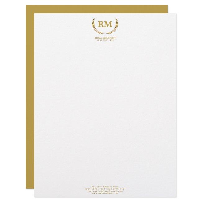 Gold Laurel Leaves | Elegant Initial on white Letterhead