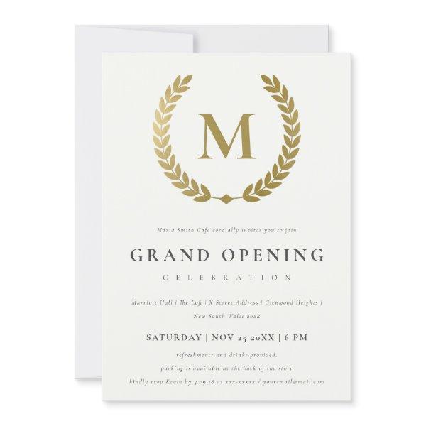 Gold Laurel Monogram Ornate Grand Opening Invite