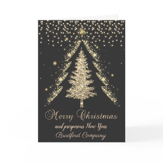 Gold Pine Tree, Lights Black Company Holiday Card