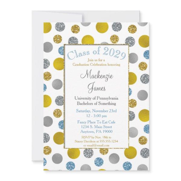 Gold Silver Blue Dots Graduation Invitation