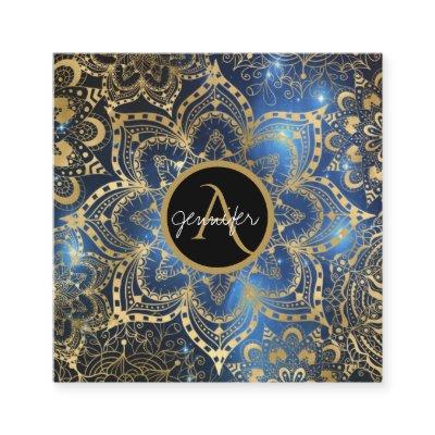 Gold watercolor and nebula mandala Blue Square