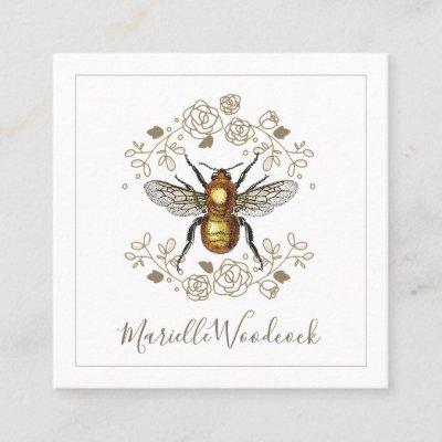 Golden Bee And Rose Floral Laurel White Square