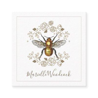 Golden Bee And Rose Floral Laurel White Square