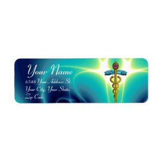 GOLDEN CADUCEUS, vibrant amethyst,aqua blue,teal Label