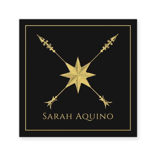 Golden Compass Rose And Arrow On Black Square