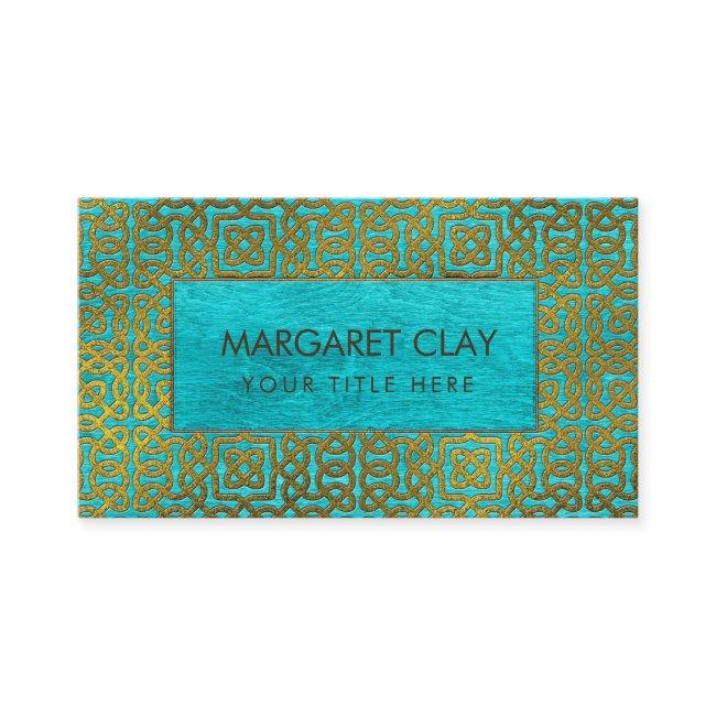 Golden Embossed Celtic Pattern on blue wood