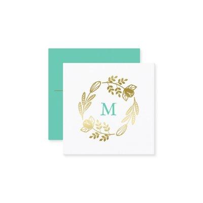 Golden Floral Wreath & Mint Green Monogram Square