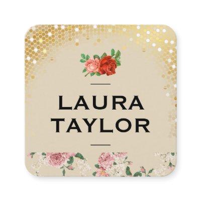 Golden Sequin Flower Pattern and Roses Square