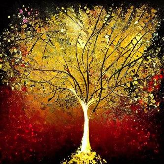 Golden Tree on a Red Background Square
