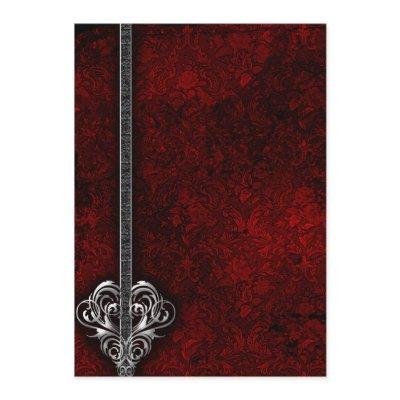 Goth Red Damask Silver Heart wedding Invitation