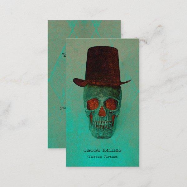 Gothic Skull With Top Hat Green Teal Vintage
