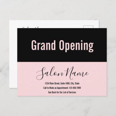 Grand Opening Pale Pink Black Script Beauty Salon Postcard