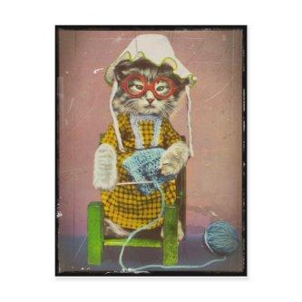 Grandma Kitty Knitting Holiday Postcard
