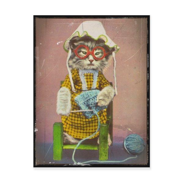 Grandma Kitty Knitting Holiday Postcard