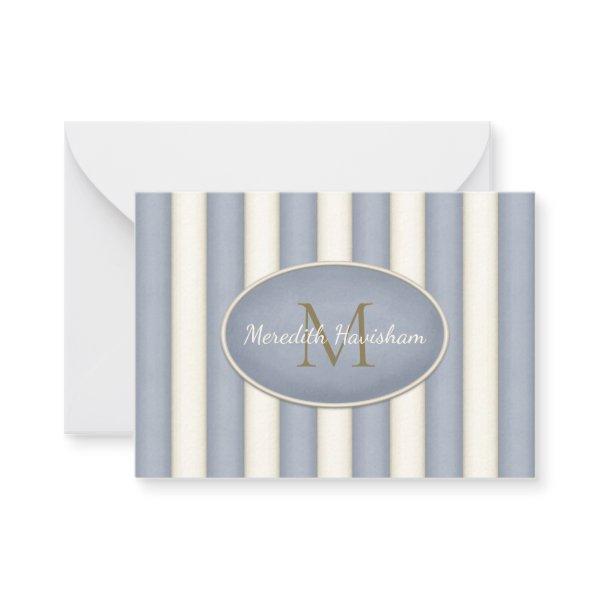 Gray & Cream Stripes Bronze Monogram Custom Note Card