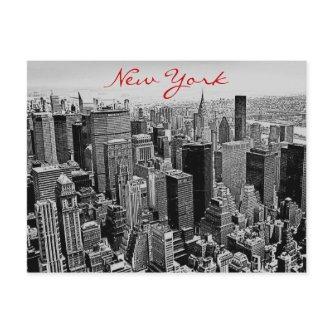Grayscale Red Script New York City Night Post Card