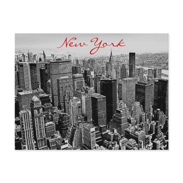 Grayscale Red Script New York City Night Post Card
