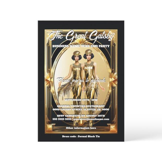 Great gatsby gold black flappers black tie event invitation
