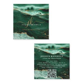 Green Agate Gold Glitter Script Monogram QR Square