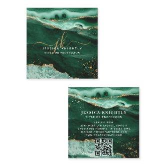 Green Agate Gold Glitter Script Monogram QR Square