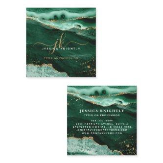 Green Agate Gold Glitter Script Monogram Square