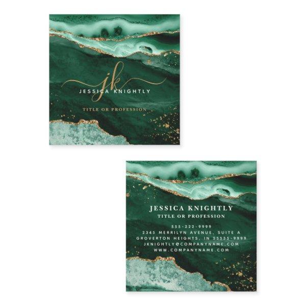 Green Agate Gold Glitter Script Monogram Square