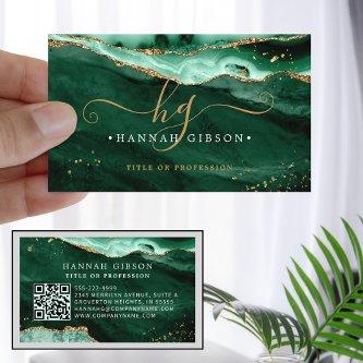 Green Agate Script Monogram QR Code Glitter