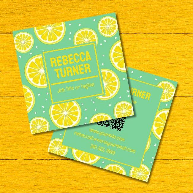 Green and Yellow Lemon Slice Pattern, QR Code Square