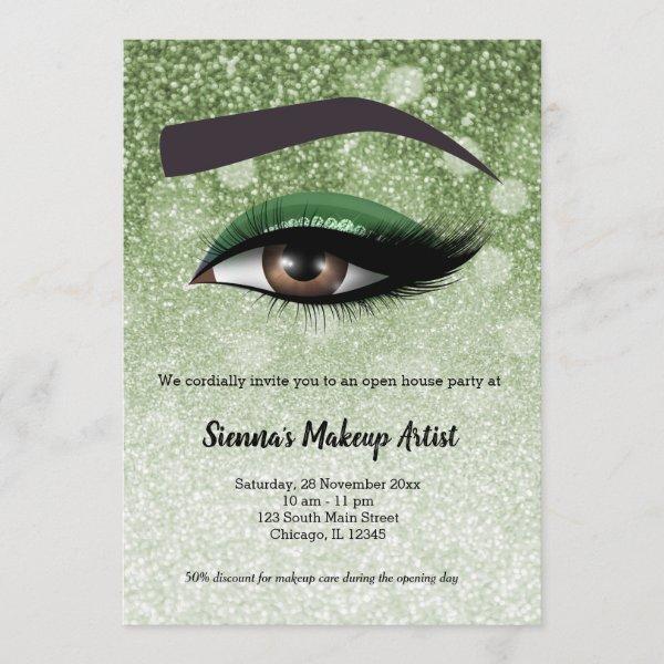 Green  glam lashes eyes | makeup artist invitation