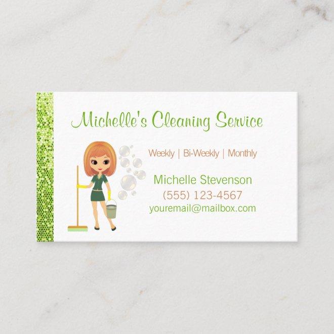 Green Glitter Cartoon Maid House Cleaning Service