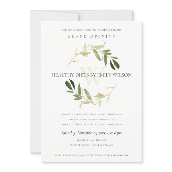 GREEN GOLD FOLIAGE WREATH GRAND OPENING INVITE