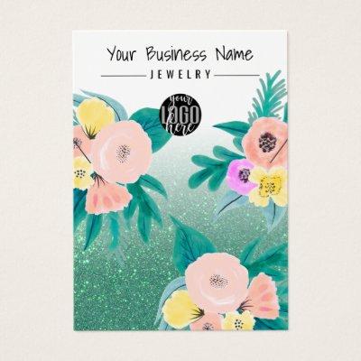 Green Pink Floral Glitter Logo Necklace Display