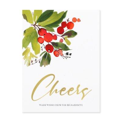 GREEN RED BERRIES WATERCOLOR CHRISTMAS CHEERS HOLIDAY POSTCARD