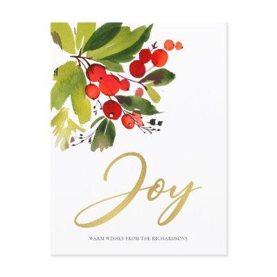 GREEN RED BERRIES WATERCOLOR CHRISTMAS JOY HOLIDAY POSTCARD