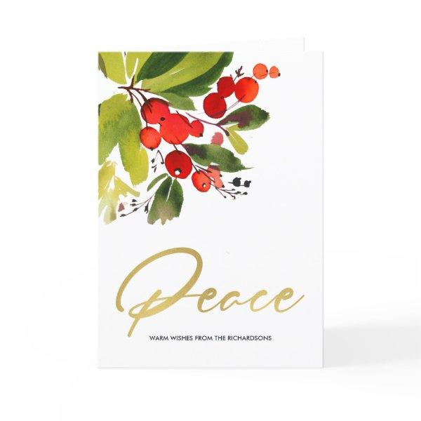 GREEN RED BERRIES WATERCOLOR CHRISTMAS PEACE CARD