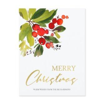 GREEN RED BERRIES WATERCOLOR MERRY CHRISTMAS HOLIDAY POSTCARD